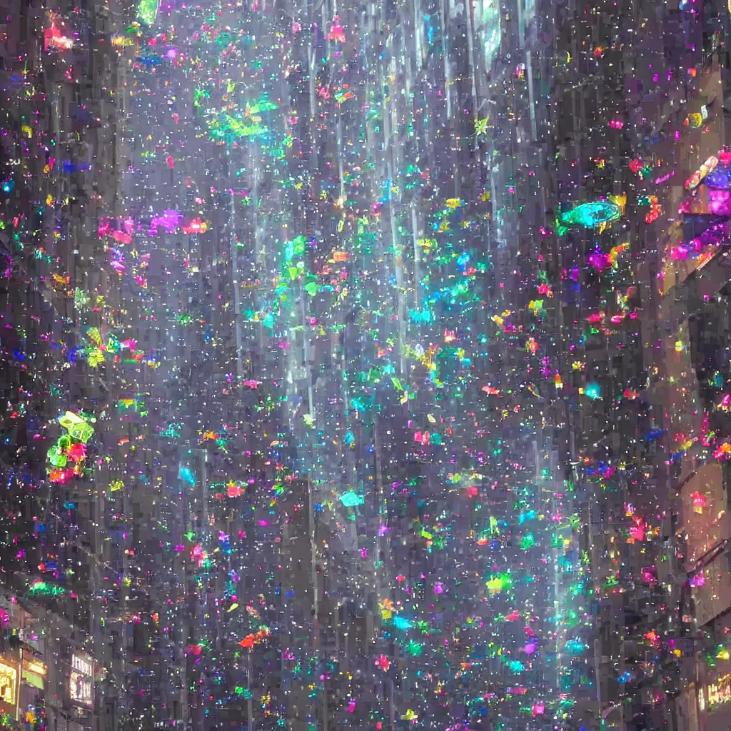 Prompt: a translucent spaceship made of microscopic, multi-colored glitter flies above a narrow street in a cyberpunk city of the future