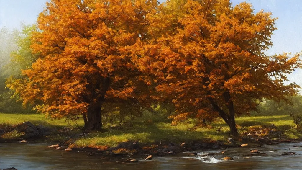 Image similar to A beautiful oil painting of a single tree, the tree is in the rule of thirds, a family is under the tree having a picnic, the kids are playing in the river, the fall has arrived and the leafs started to become golden and red, the river is flowing its way, the river has lots of dark grey rocks, oil painting by Greg Rutkowski