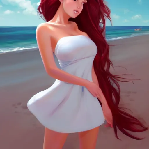 Image similar to beautiful woman with red hair and green eyes wearing a white sundress, on a beach, flirting, smiling, eye contact, perfect face, perfect body, digital art in the style of artgerm and WLOP, extreme long shot