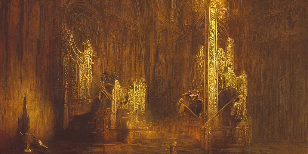 Image similar to a medieval king sitting on a golden throne led by stairs leaning on a shiny sword in a palace, light illuminating behind the throne, beksinski and syd mead cinematic painting