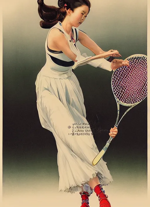 Prompt: a copic maker art nouveau portrait of a japanese girl playing tennis at high speed wearing a futuristic latex pilot suit and a puffy skirt designed by balenciaga by john berkey norman rockwell