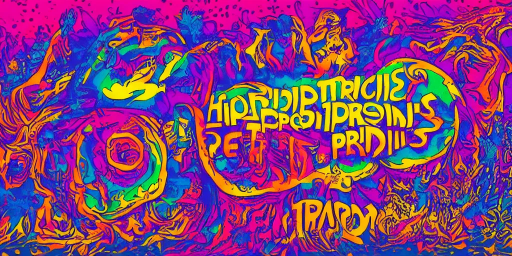 Prompt: a psychedelic campaign poster for hippies that reads BOMIS PRENDIN, concept art