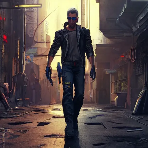 Prompt: a detailed matte painting of an extremely handsome misha colins as the terminator walking down a dark alley in cyberpunk 2 0 7 7, holding futuristic crossbow, volumetric lighting, octane render, 8 k, art by greg rutkowski and albert bierstadt and alphones mucha