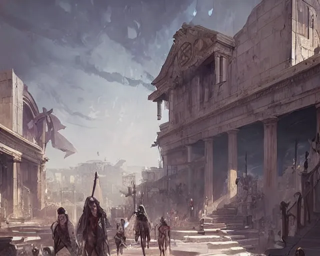 Prompt: a mall in the style of ancient republican greece, art by greg rutkowski and artgerma, stunning concept art, interior design architecture