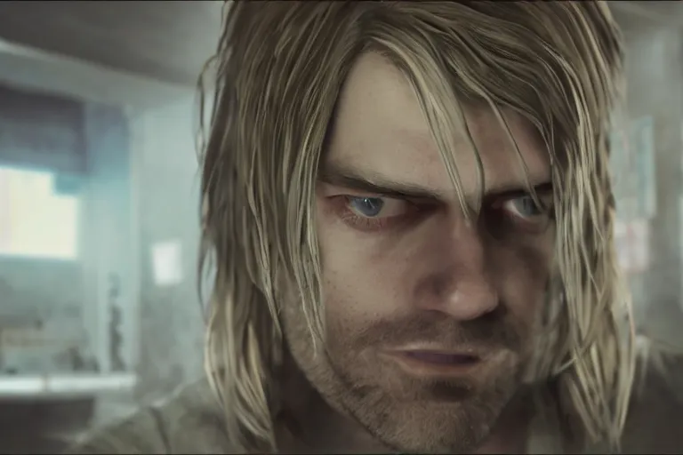 Prompt: a gaming screenshot portrait still of kurt cobain in resident evil, moebius, greg rutkowski, zabrocki, karlkka, jayison devadas, phuoc quan, trending on artstation, 8 k, ultra wide angle, video game graphics, blue technology sci - fi atmosphere realistic, 3 d game, zenith view, cyberpunk pincushion lens effect