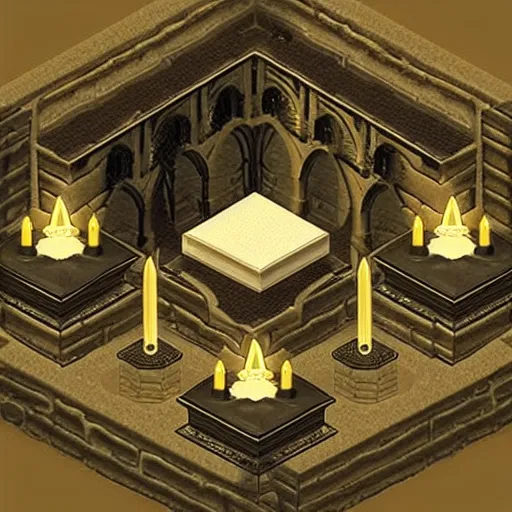 Prompt: “isometric creepy abbey, dark corridors, candles, style of eternal darkness”