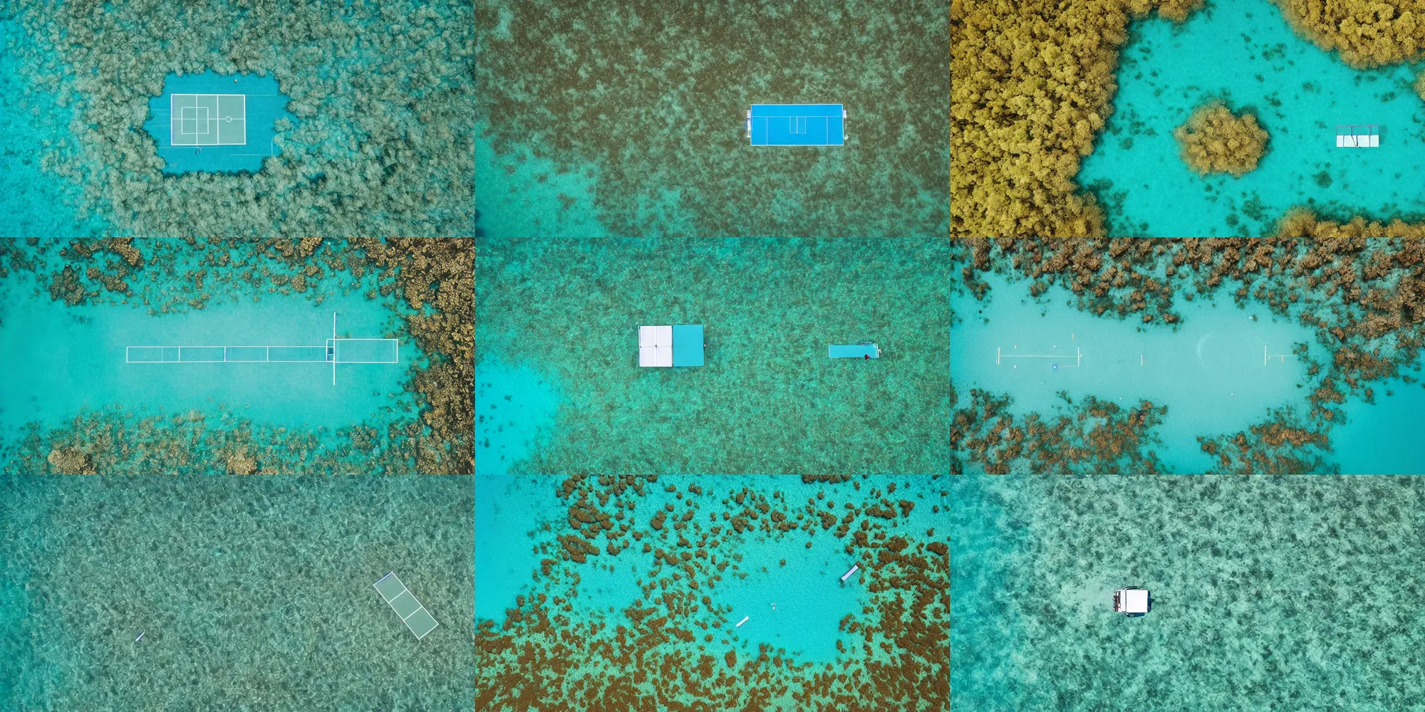 Prompt: Aerial photography of a tennis court floating above the Great Barrier Reef turquoise water Nature documentary