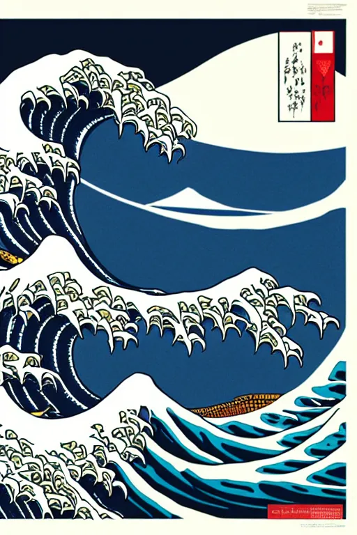 Prompt: Patrick Nagel and Shepard Fairey Poster of The Great Wave off Kanagawa