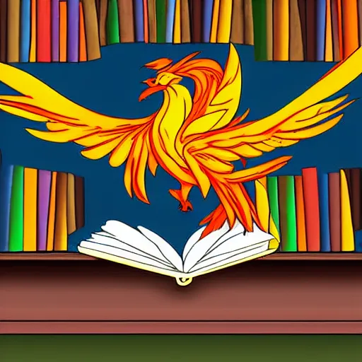 Prompt: a phoenix reading a book in a library cartoon digital art