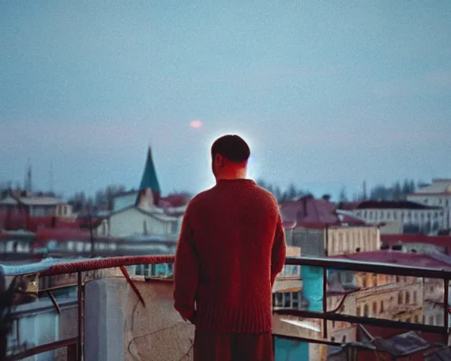 Prompt: lomographic tarkovsky film still of 4 0 years russian man with beard and sweater standing on small hrushevka 9 th floor balcony in taiga looking at sunset, cinestill, bokeh