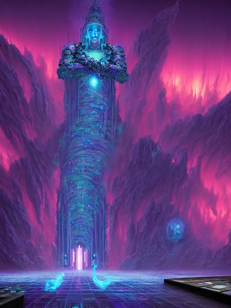 Prompt: entrance to ethereal realm, vishnu waiting, rendered in unreal engine, central composition, symmetrical composition, dreamy colorful cyberpunk colors, 6 point perspective, fantasy landscape with anthropomorphic!!! terrain!!! in the styles of igor morski, jim warren, and rob gonsalves, intricate, hyperrealistic, volumetric lighting, neon ambiance, distinct horizon