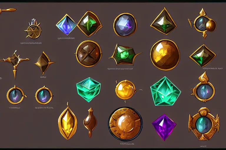 Image similar to design sheet of various alchemist tools, magic gems, props