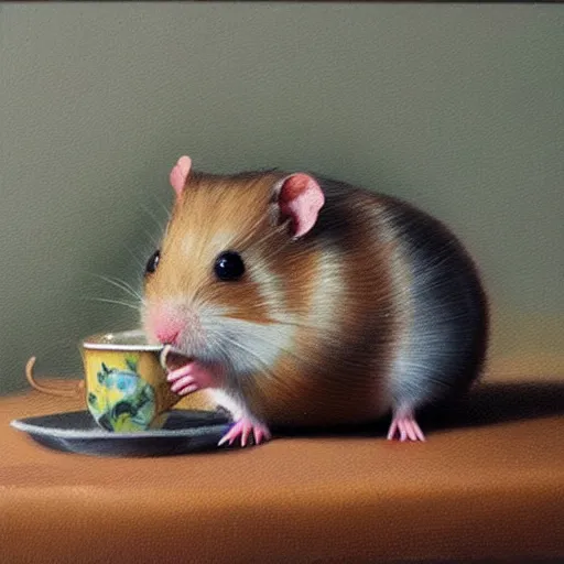 Prompt: hyper realistic oil painting of a hamster in a fancy place drinking a tea