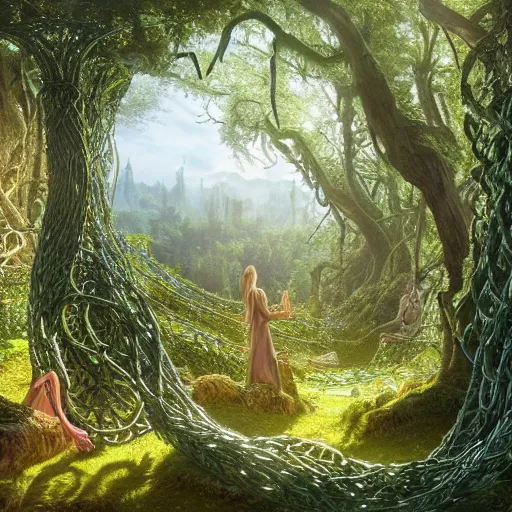 Image similar to a beautiful and highly detailed matte painting of an elven temple in a magical fantasy garden in a lush forest in the mystical mountains, celtic knots, tangled trees, knotted vines, intricate details, epic scale, insanely complex, 8 k, sharp focus, hyperrealism, very realistic, by caspar friedrich, albert bierstadt, james gurney, brian froud,