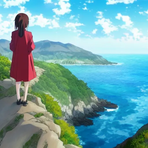 Prompt: An anime girl standing on a cliff, looking out at the ocean, Kyoto Animation Studio, hyper-realistic anime art style, contour shading