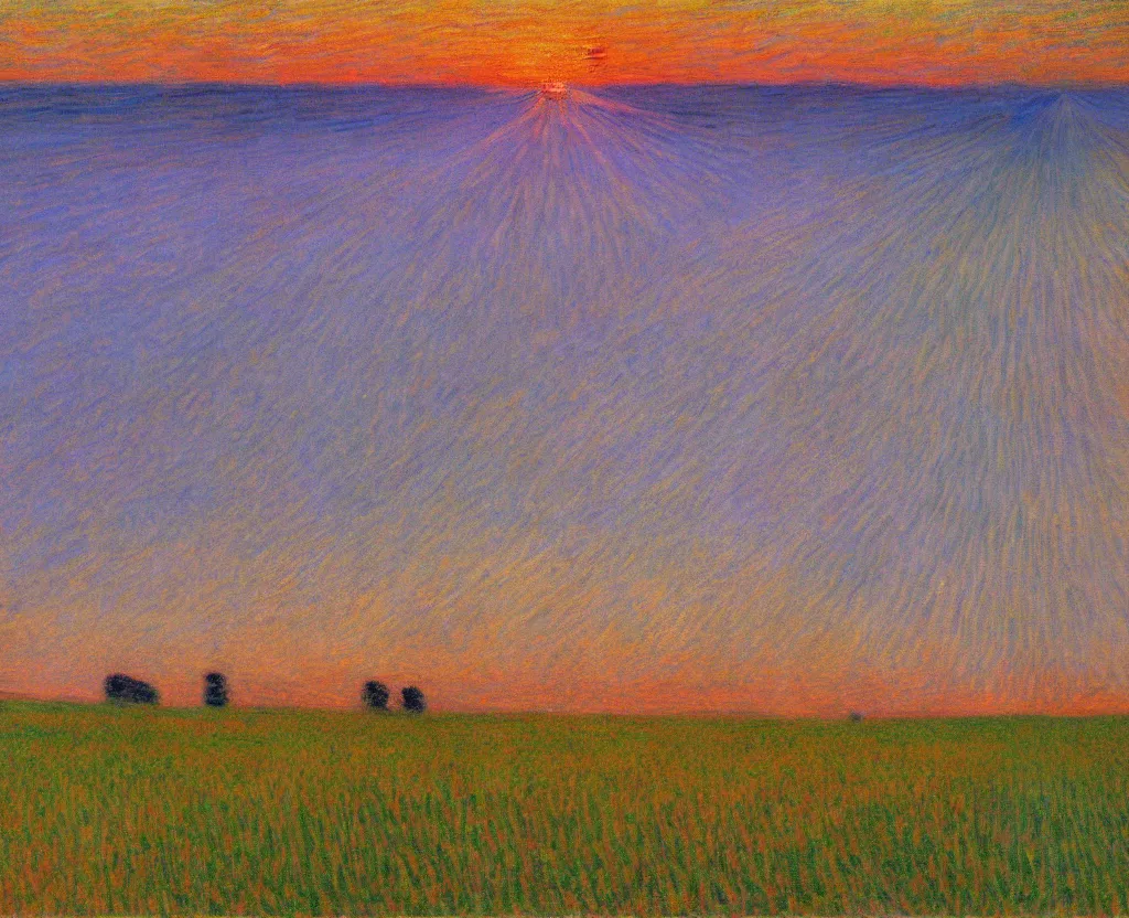 Image similar to an impressionism painting of endless cornfields at sunset, volumetric lighting, godrays, light rays, claude monet