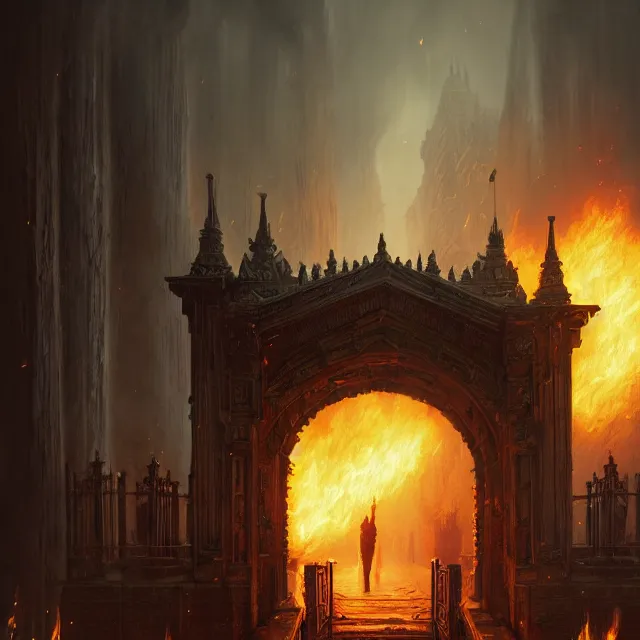 Prompt: huge gate, environment, illustration, symmetrical, fire, smoky, unreal engine, colors, epic scene, fantasy art by greg rutkowski,, golden raito, high quality, intricate details, details, intricate, atmosphere, highly detailed, matte painting, cinematic, deviantart, realistic, concept art, 4 k