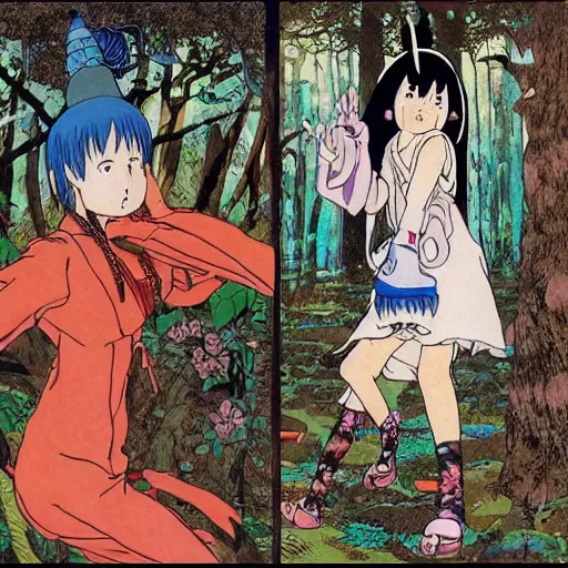 Prompt: highly detailed anime sorceress with mysterious eyes in a whimsical forest, by hayao miyazaki, by katsuhiro otomo, by akira toriyama, by satoshi kon, by eiichiro oda, by hideaki anno