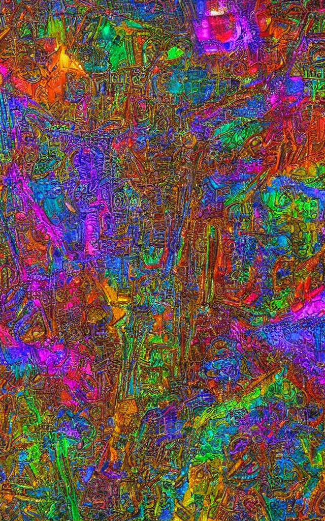 Image similar to mechanical sarcophagus made of iridescent metal strange glyphs, award winning oil painting, chromatic aberration midnight color palette