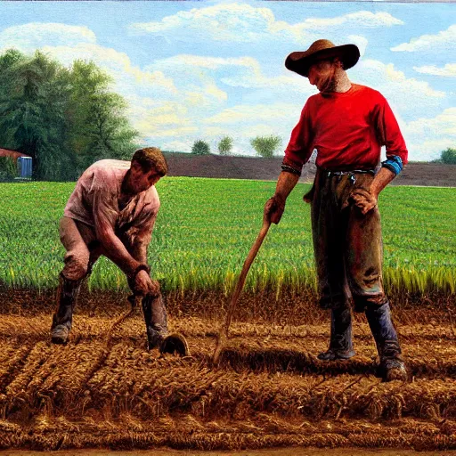 Image similar to - realistic painting of, cain tilling the field, in the style of miguelangel