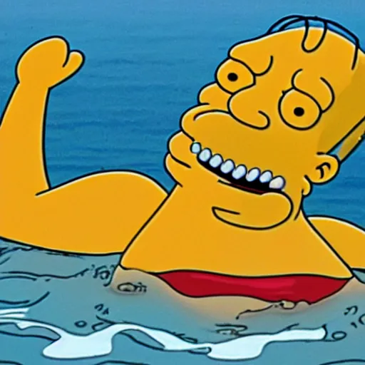Prompt: A cinematic film still of Homer Simpson in the movie JAWS.