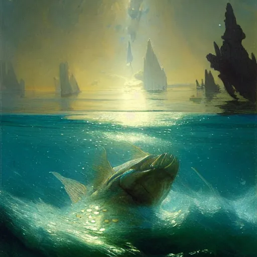 Image similar to point of view of deep in the ocean looking up, you see fishes, higher up you see very clearly the milk way illuminating the sea down bellow. highly detailed painting by gaston bussiere, greg rutkowski 8 k