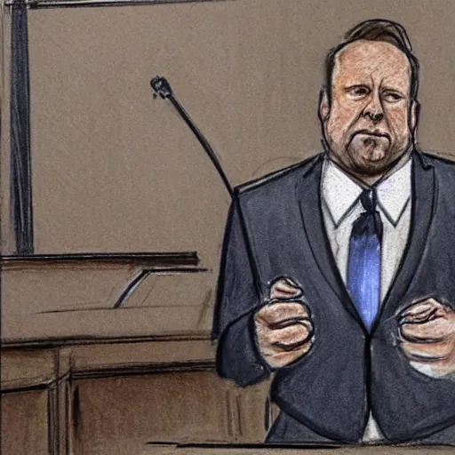 Prompt: courtroom sketch of Alex jones in a kangaroo court