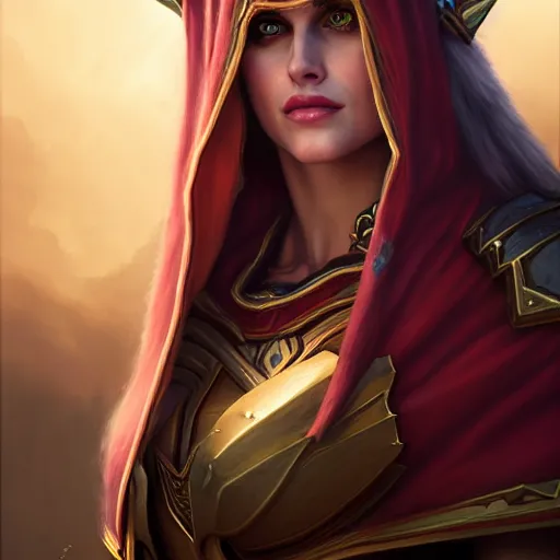 Image similar to Portrait Lady Sylvanas Windrunner, World of Warcraft, alexandra daddario, fanart, 4k oil on linen by wlop, artgerm, andrei riabovitchev, nuri iyem, james gurney, james jean, greg rutkowski, highly detailed, soft lighting 8k resolution