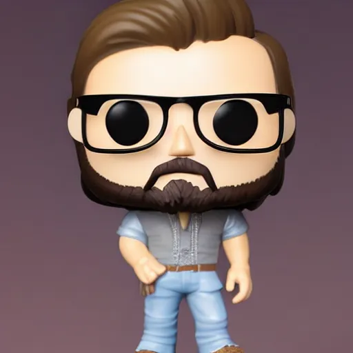 Prompt: a funko pop of german young man with very long brownish hair, short goatee and round light grey glasses