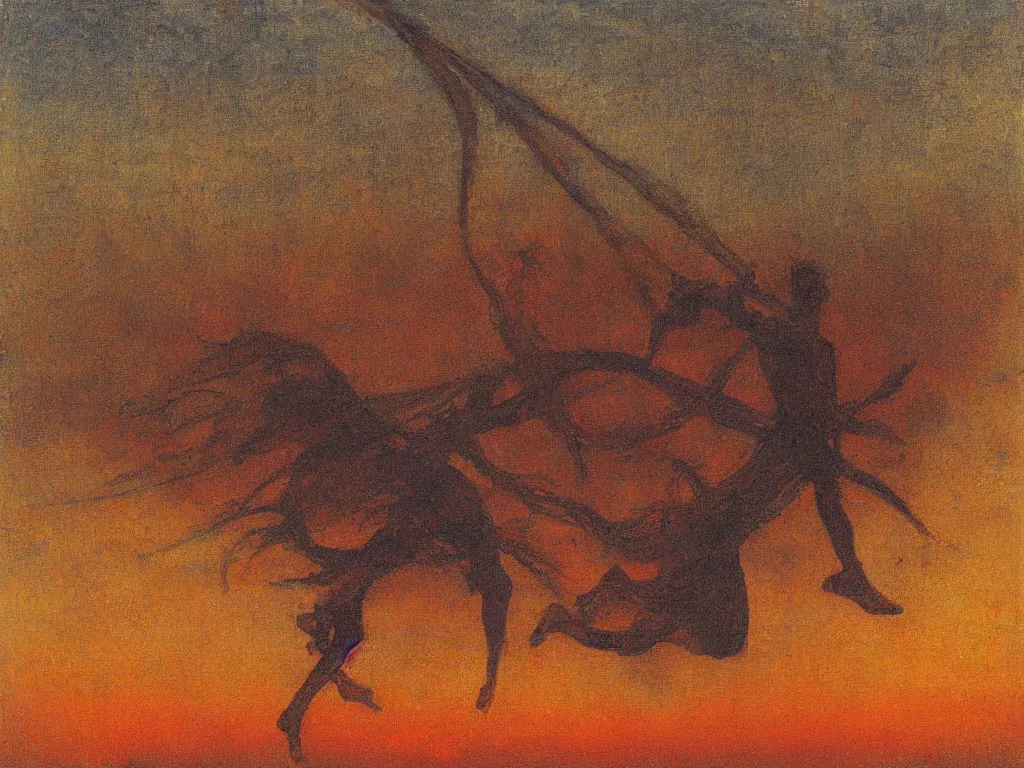 Image similar to painting by mikalojus konstantinas ciurlionis. devil jumping from roof to roof. sunset.