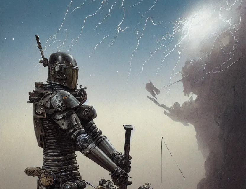 Prompt: a detailed portrait painting of a bounty hunter in combat armour and visor. cinematic sci-fi poster. Flight suit and wires, accurate anatomy. Samurai influence, knight influence. fencing armour. portrait symmetrical and science fiction theme with lightning, aurora lighting. clouds and stars. Futurism by moebius beksinski carl spitzweg moebius and tuomas korpi. baroque elements. baroque element. intricate artwork by caravaggio. Oil painting. Trending on artstation. 8k