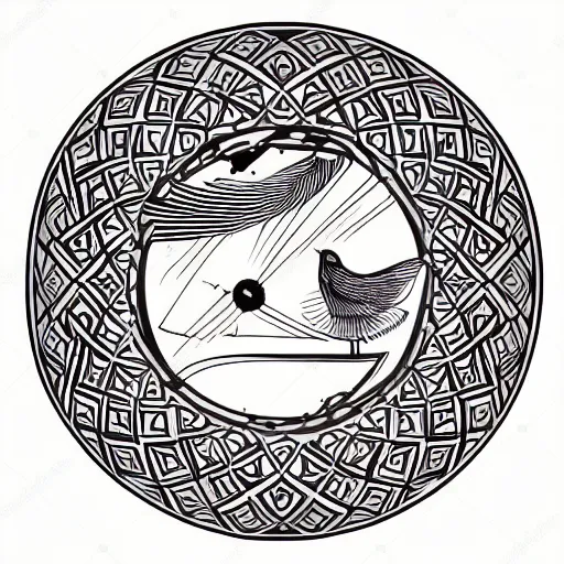 Prompt: phoenix salt bird round composition rebirth symbolism swirl tail feather graphic design Egyptian style simple design lineart contour