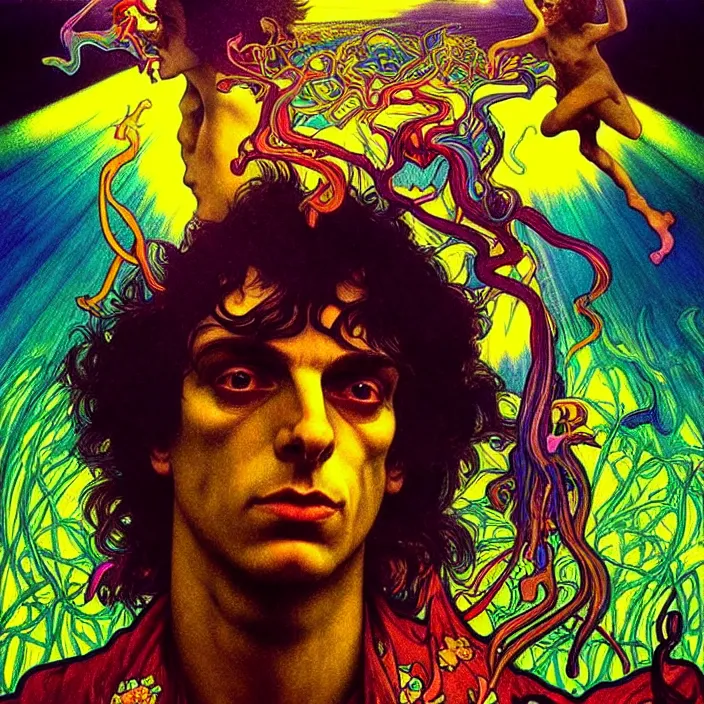 Prompt: bright psychedelic photo of SYD BARRET tripping on lsd, diffuse lighting, fantasy, intricate, elegant, highly detailed, lifelike, photorealistic, digital painting, artstation, illustration, concept art, smooth, sharp focus, art by John Collier and Albert Aublet and Krenz Cushart and Artem Demura and Alphonse Mucha