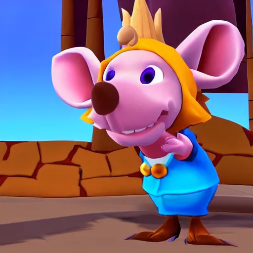 Image similar to screenshot of a cute inspector mouse with a brown trenchcoat as an npc in spyro the dragon video game, with playstation 1 graphics, activision blizzard, upscaled to high resolution