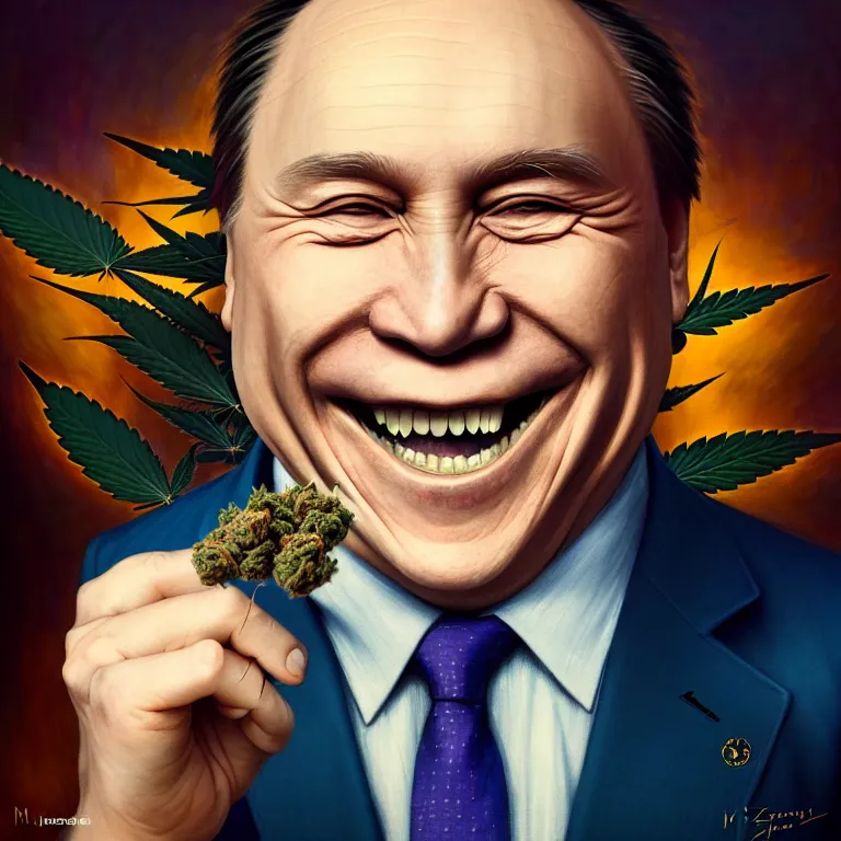 Image similar to a portrait of a happy high on cannabis premier francois legault in 2 0 2 1 illustrated by miyazaki by karol bak, james jean, tom bagshaw, rococo, sharp focus, trending on artstation, cinematic lighting, hyper realism, octane render, 8 k, hyper detailed, vivid, ultra detailed, highly detailed