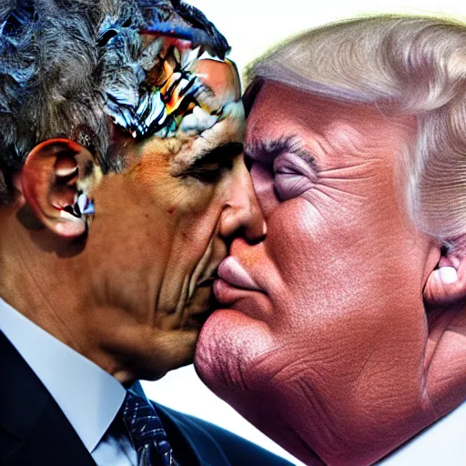 Image similar to obama kissing trump, 4k photo, detailed, closeup