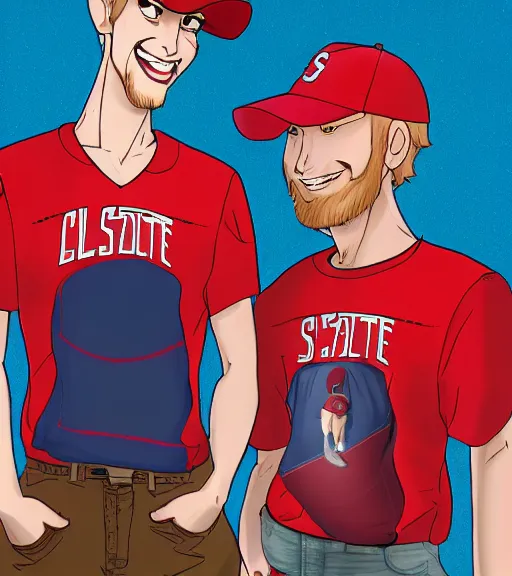 Image similar to tall skinny white guy with very short blonde beard wearing an nc state red baseball cap and red shirt full color digital illustration in the style of don bluth, artgerm, artstation trending, 4 k