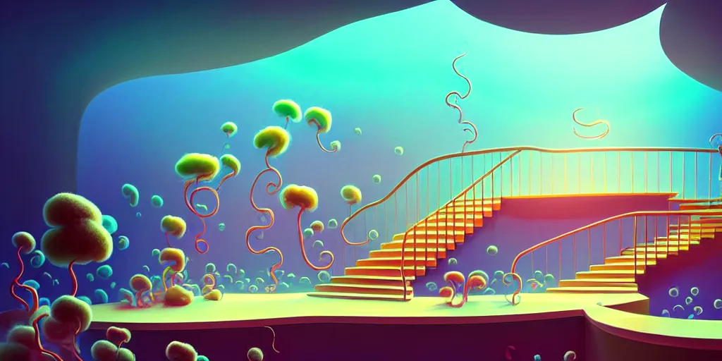 Image similar to minimalistic extreme wide angle curved perspective digital art of sss chubby cotton candy indoor casino, one staircase, with curly plants by anton fadeev, lorax movie, underwater smoke