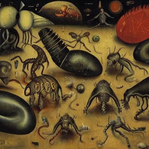 Prompt: mathematical equations painted by bosch, creatures crawling on equations, oil paint, hyperrealistic, surreal, collection of louvre