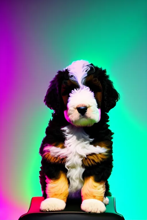 Image similar to a cute bernedoodle puppy sitting in a gaming chair + neon rgb light strips, large computer monitor, mountains in background!!!!!!!, vaporwave, dramatic, confident, rule of thirds, 4 k, award winning, octane render, volumetric lighting