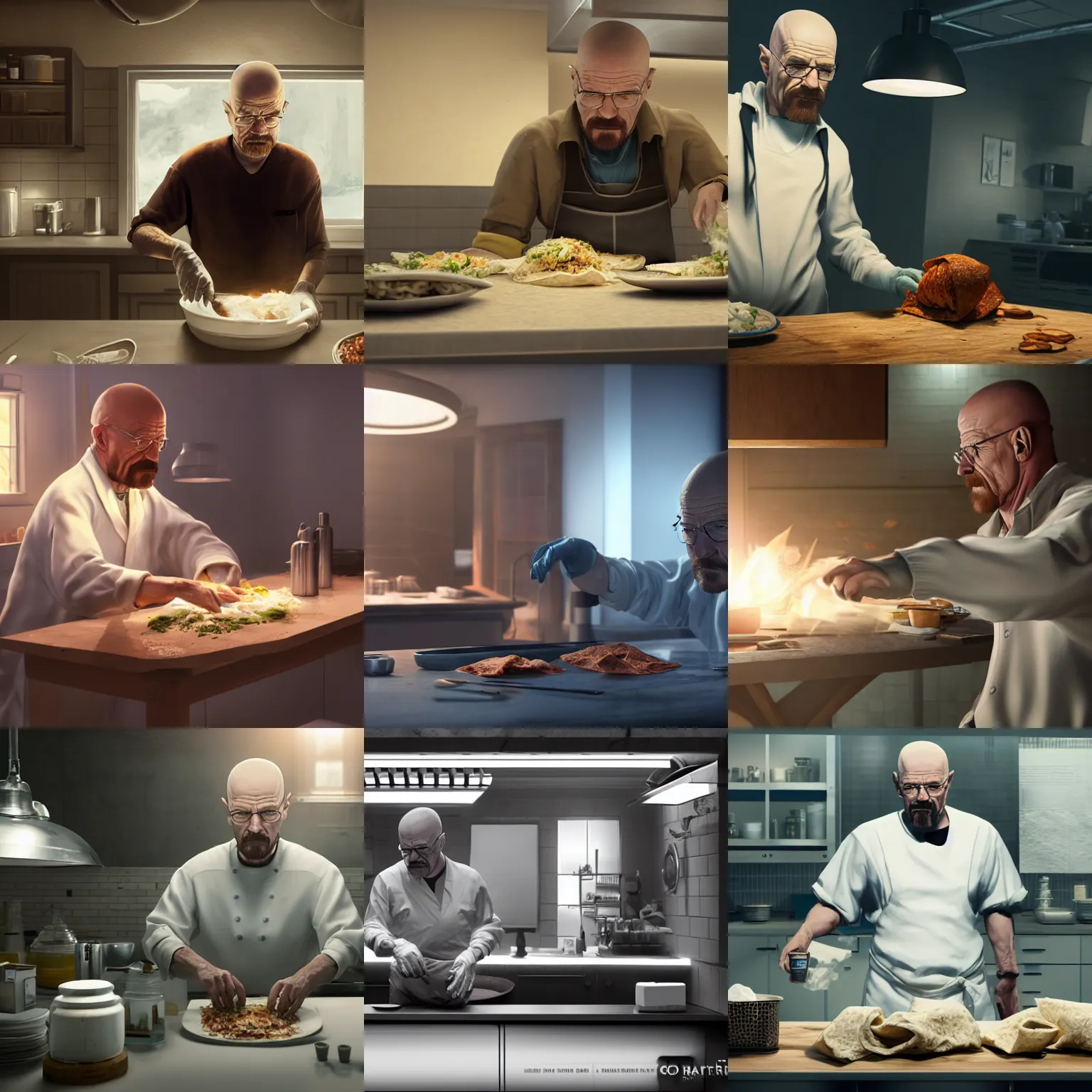 Prompt: walter white making a burrito, concept art by senior character artist, cgsociety, photorealism, reimagined by industrial light and magic, rendered in unreal engine, official art