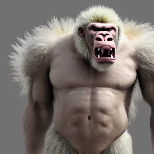 Prompt: angry tough rough looking albino gorilla. scars, battle damage, scratched armor, interesting 3 d character concept by square enix, rough game art, hyper detailed, character modeling, cinematic, final fantasy, video game character concept, ray tracing, fur details, maya, c 4 d