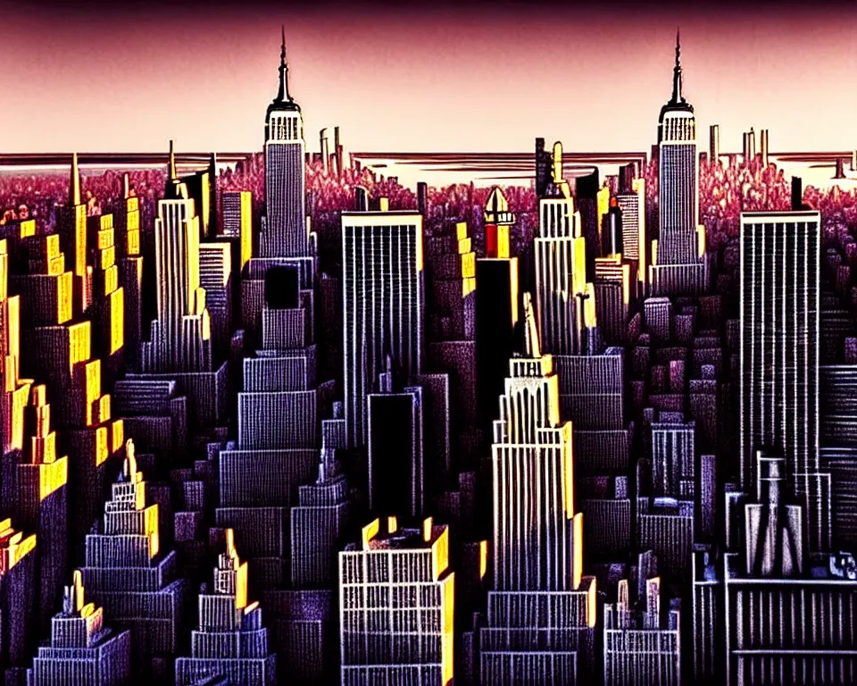 Image similar to new york in the future, empire state building, statue of liberty, city streets, golden hour, perspective artwork, photorealism