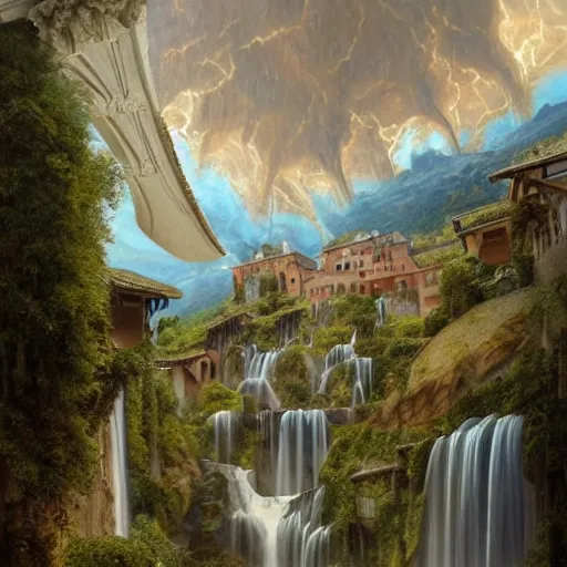 Prompt: a painting of a renaissance village in the sky with waterfalls, open windows, godrays, chandelier, pillars of marble, storm, waterfalls, small canoes, art by JohannesVoss, Donato Giancola, Aleksi Briclot, trending on artstation