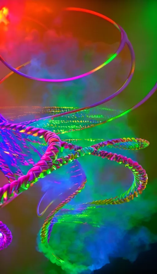 Image similar to 8 k uhd houdini recursive dna structure, background radiant swirling smoke wisps, dreamy colors, magical volumetric lighting, 1 8 mm lens