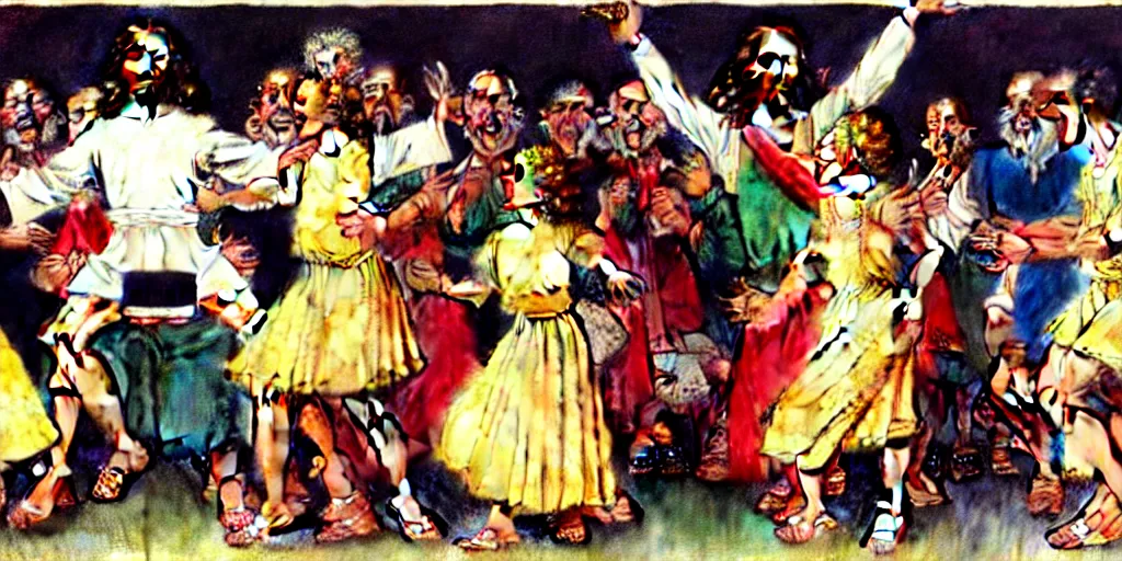 Image similar to mascot versions of jesus dancing at a disco, by norman rockwell