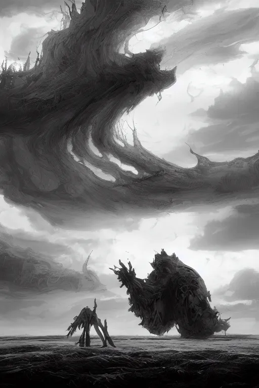 Image similar to in the black storm, a giant colossus, on a darkling plain, drawn by christan delort and jean gireaud, graphic black and white, low camera, wide angle, centered composition, golden ratio
