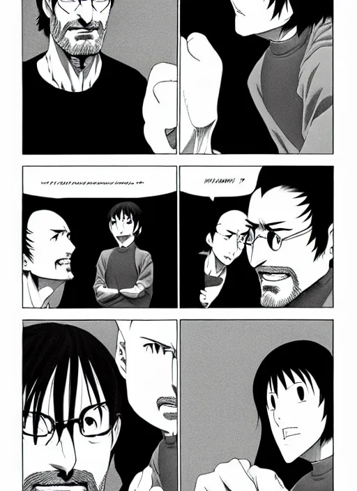 Prompt: steve jobs manga, final page, by katsuhiro otomo and hiroya oku and makoto yukimura