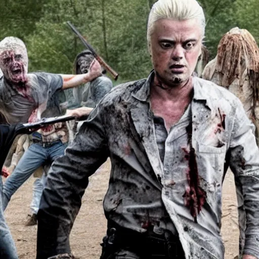 Prompt: geert wilders fighting zombies in the walking dead movie still, ominous sky