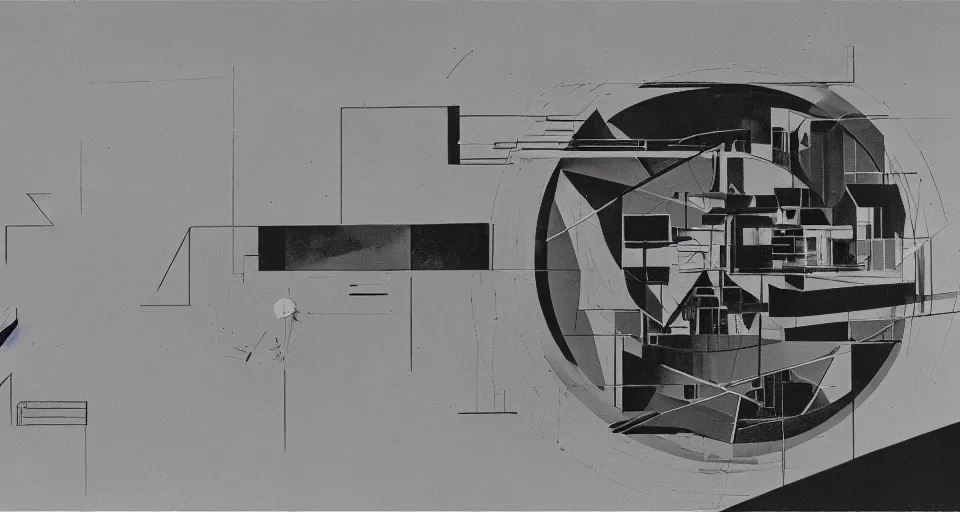 Prompt: a 1960s photo of an architectural project by El-Lissitzky on the moon surface, 8K HD, silverprint, highly detailed